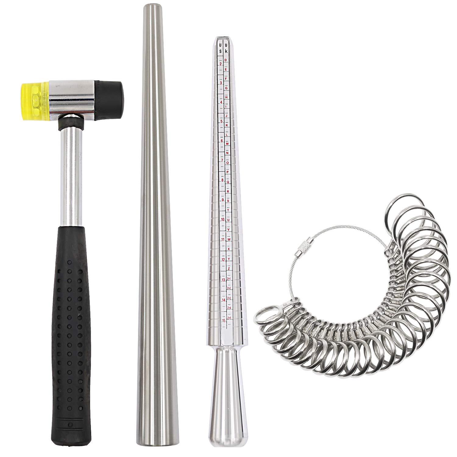 Ring Sizer Measuring Tool Mandrel Set - Metall-Ringgrößenmesser, Fingermessstab, Ringdorn, massiver Stab, Gummihammer,