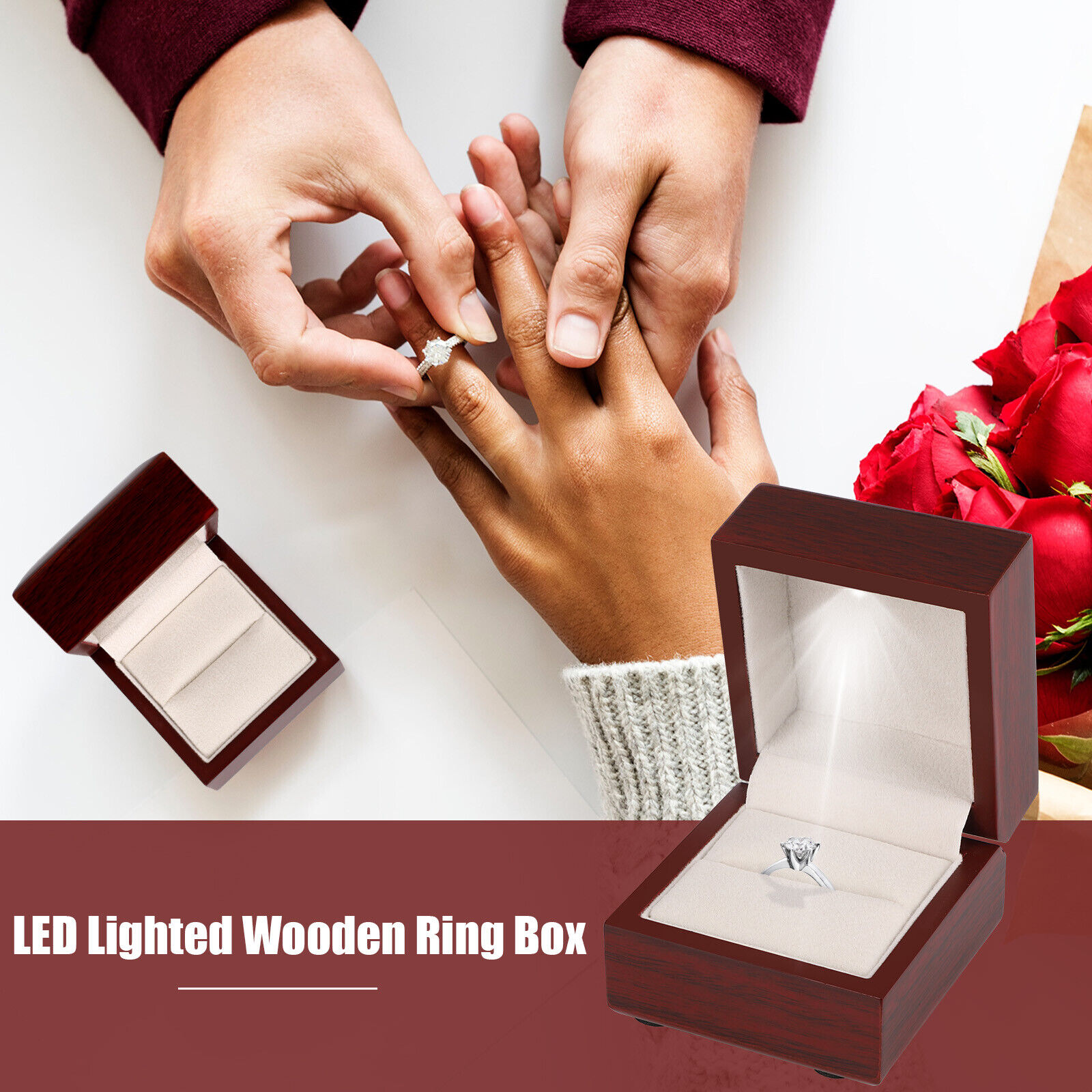 Velvet Ring Box Led Light Proposal - Rote LED-beleuchtete Holzringbox mit Samtinterieur, kompakte